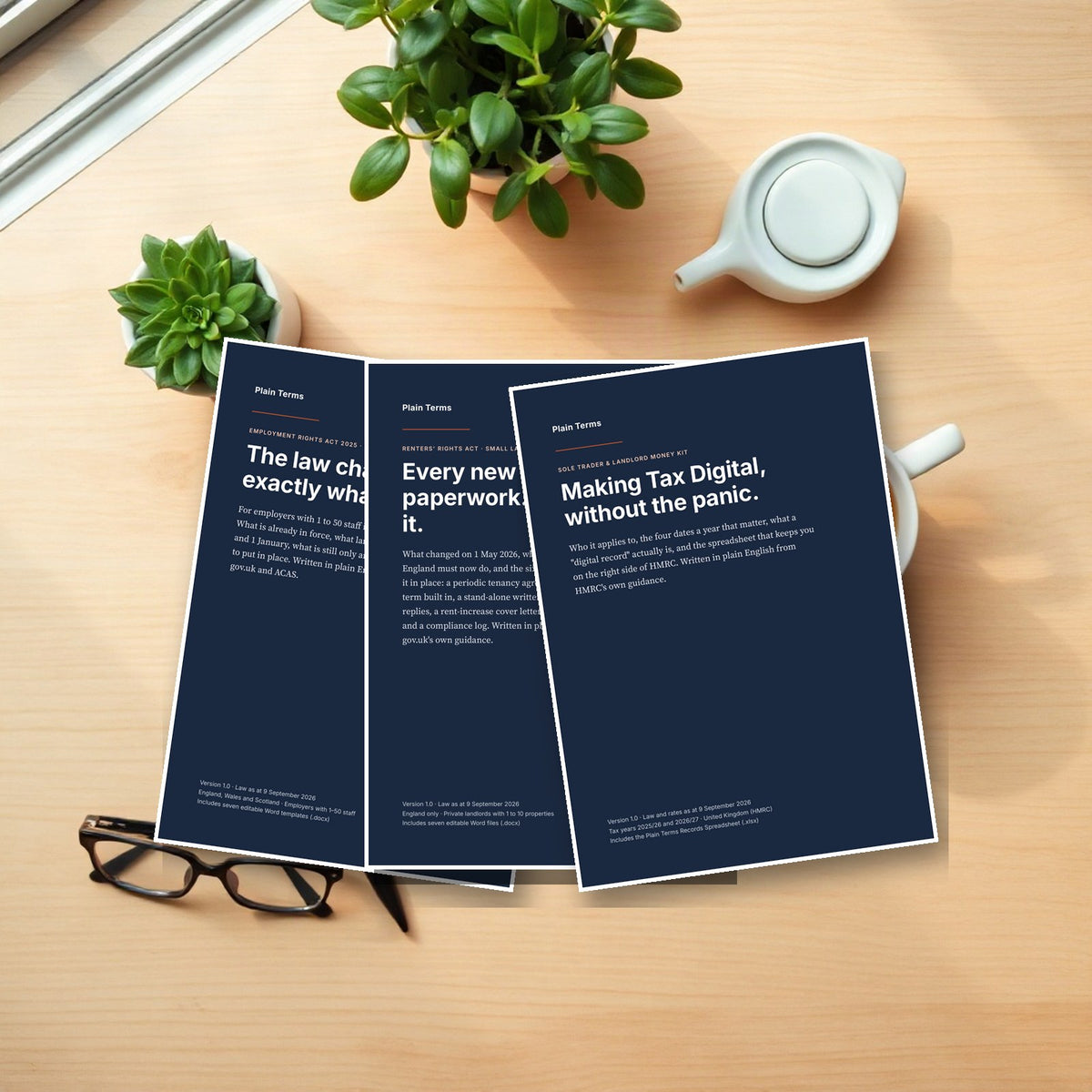 All three Plain Terms packs fanned out on a desk