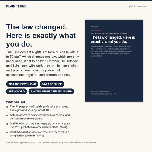 Employment Rights Act Small Employer Action Pack: plain-English guide and seven Word templates from Plain Terms