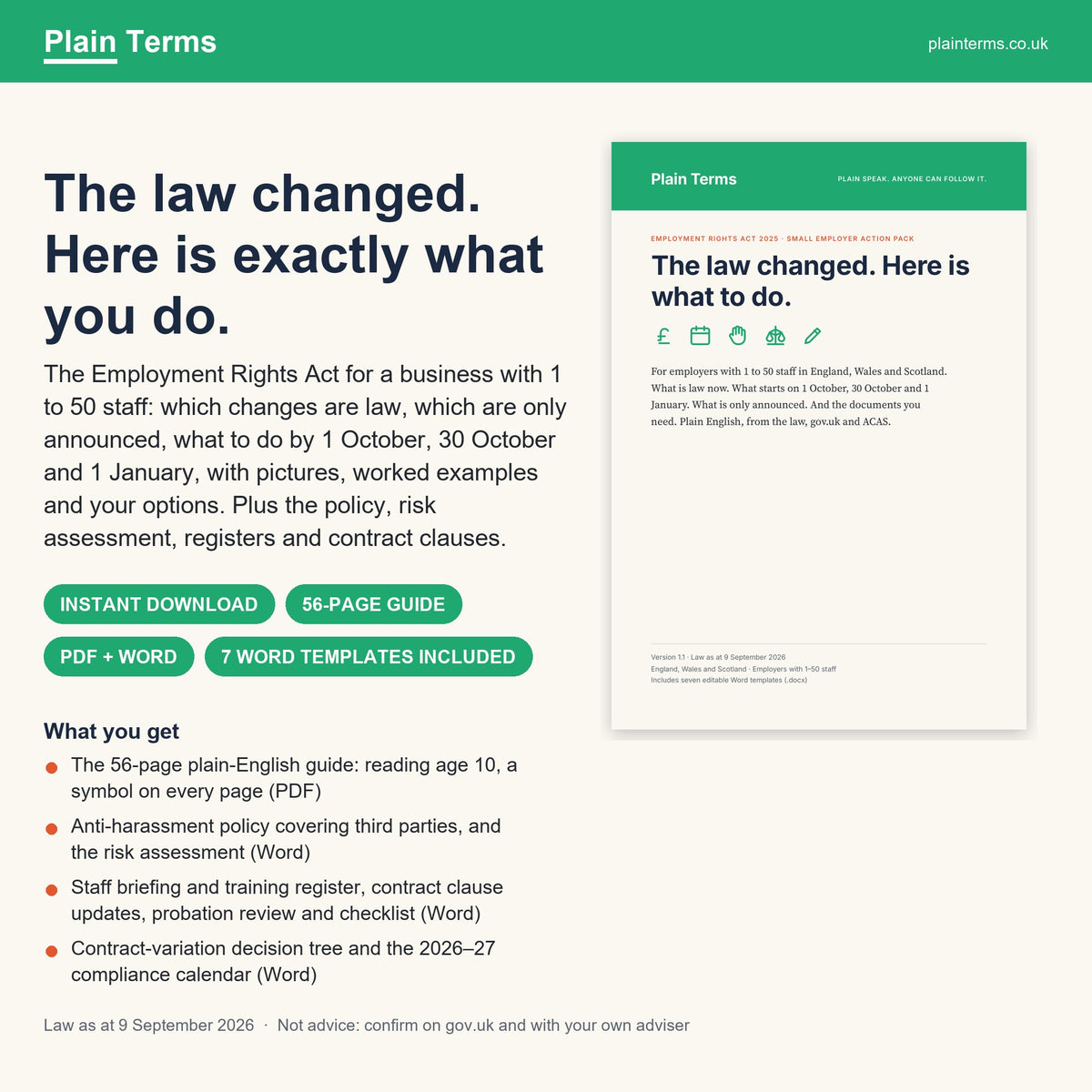Employment Rights Act Small Employer Action Pack: plain-English guide and seven Word templates from Plain Terms