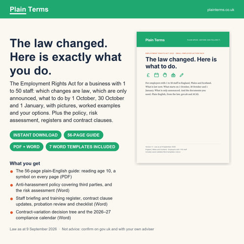 Employment Rights Act Small Employer Action Pack: plain-English guide and seven Word templates from Plain Terms