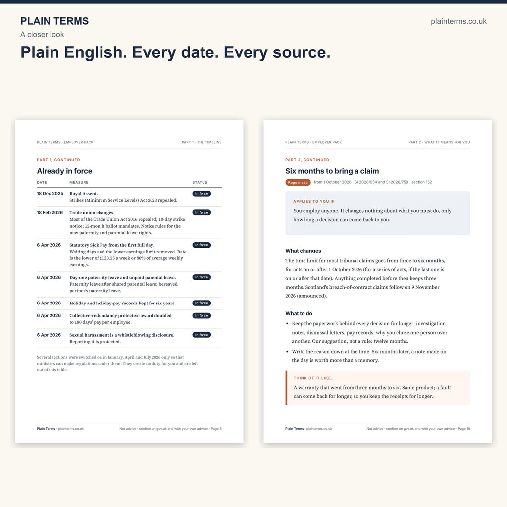 A closer look at two pages from the Employment Rights Act employer pack