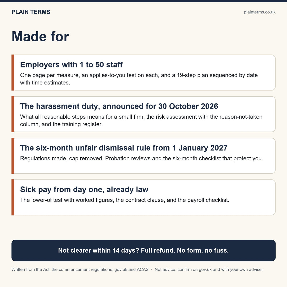 Who the employer pack is made for, and the 14-day promise
