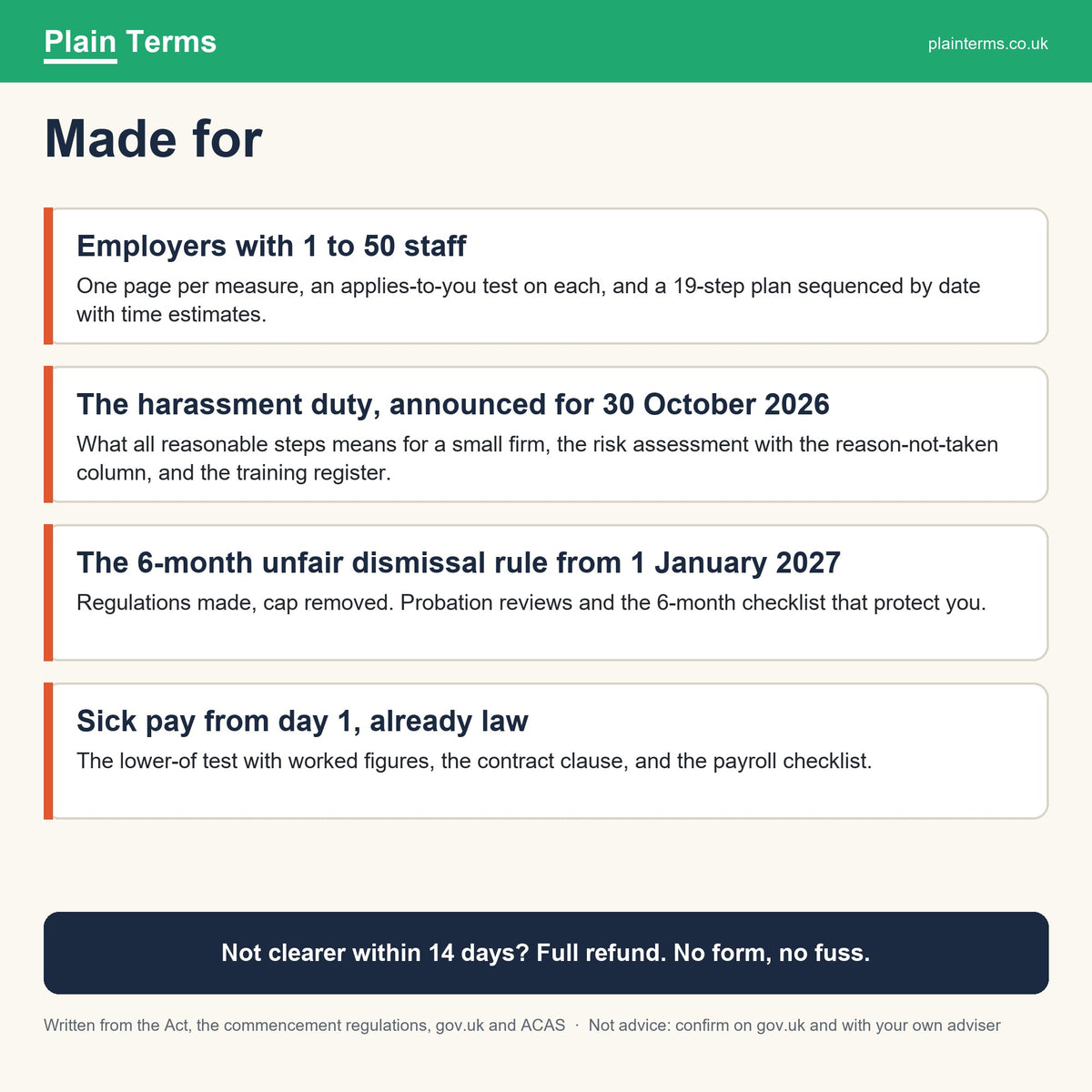 Who the employer pack is made for, and the 14-day promise