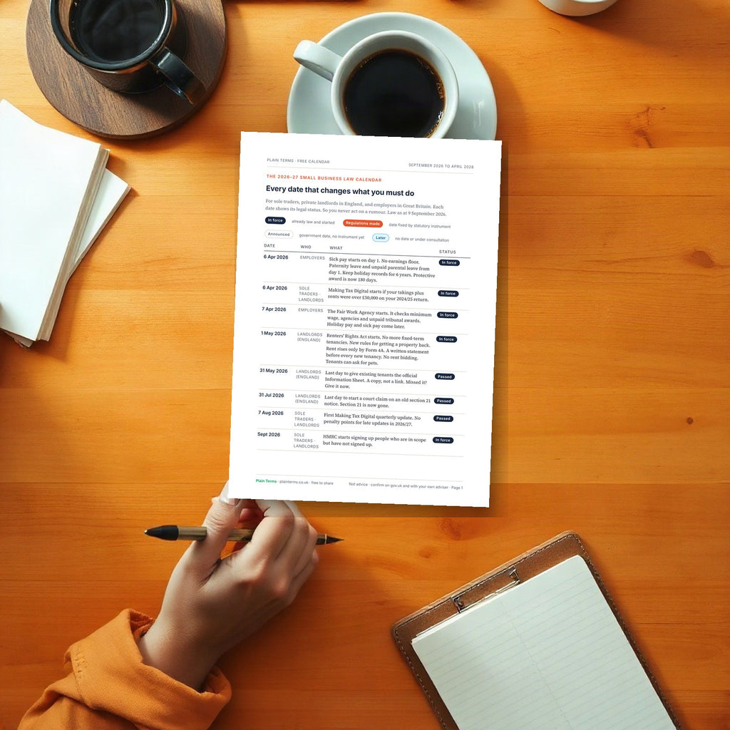 The free small business law calendar printed and read at a kitchen table
