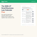 The free 2026–27 Small Business Law Calendar from Plain Terms, showing its real first page