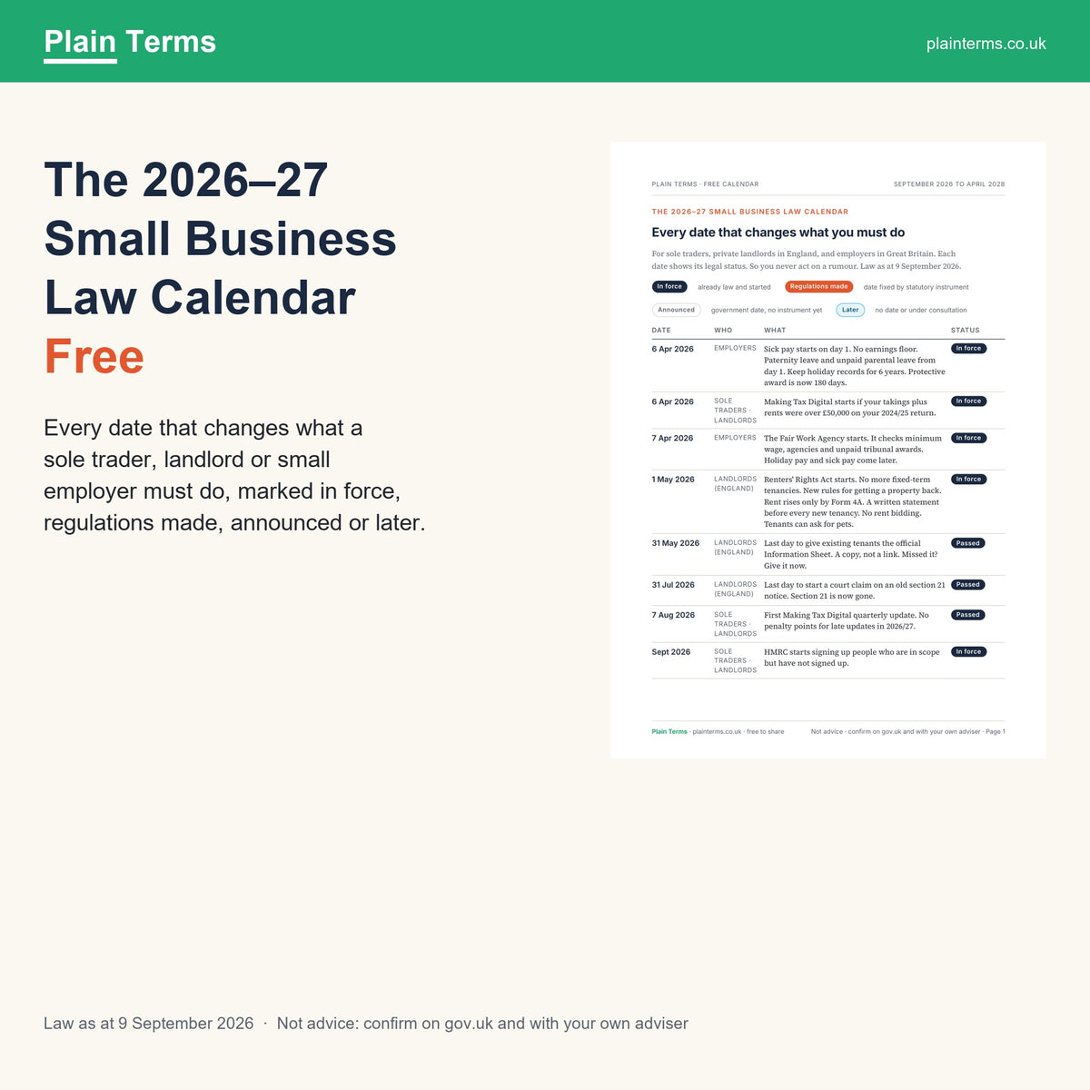 The free 2026–27 Small Business Law Calendar from Plain Terms, showing its real first page