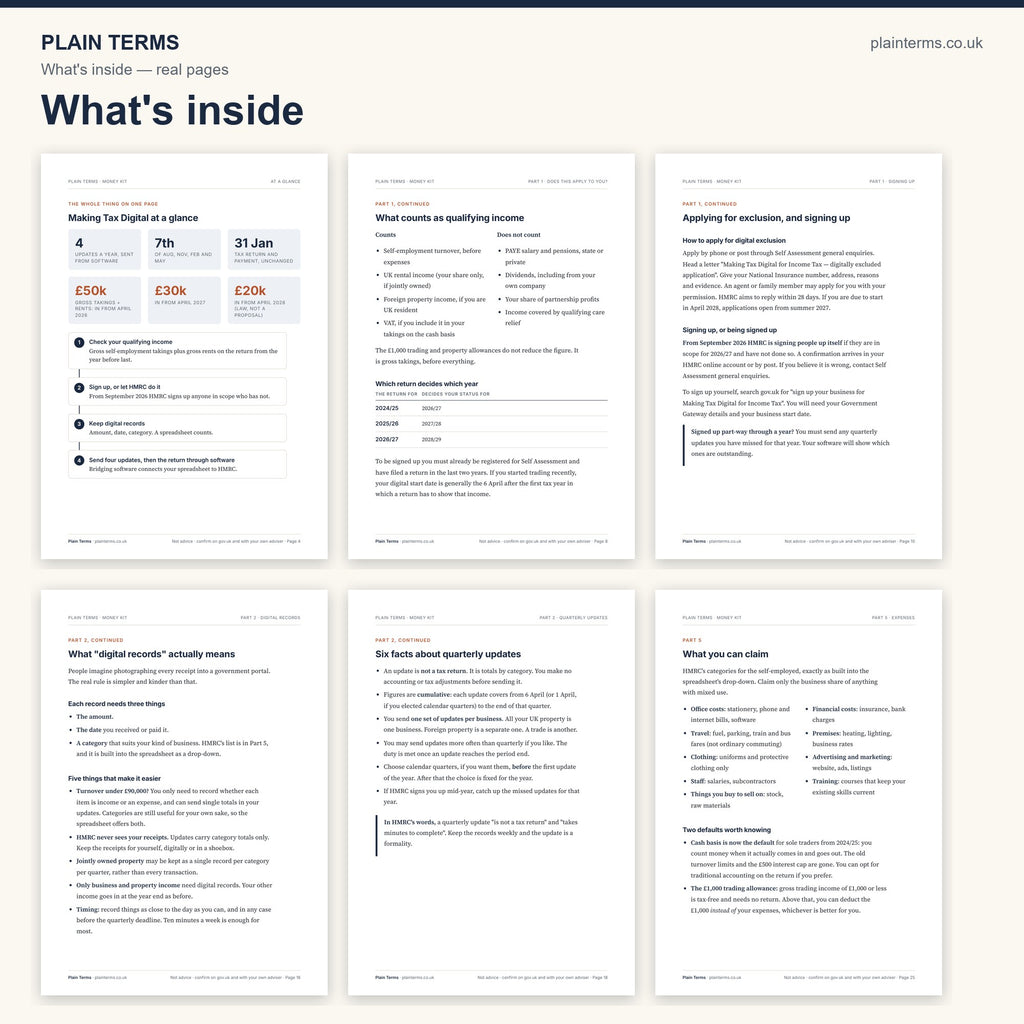 What's inside the Making Tax Digital Money Kit: six real pages from the guide