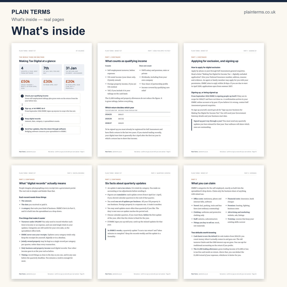 What's inside the Making Tax Digital Money Kit: six real pages from the guide