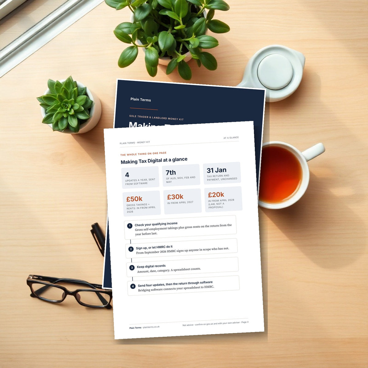 The Making Tax Digital Money Kit guide, printed and laid on a desk with tea and reading glasses