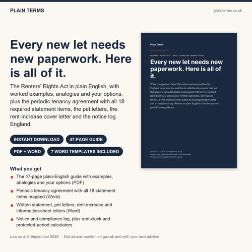 Renters' Rights Act Small Landlord Tenancy Pack: plain-English guide and seven Word templates from Plain Terms