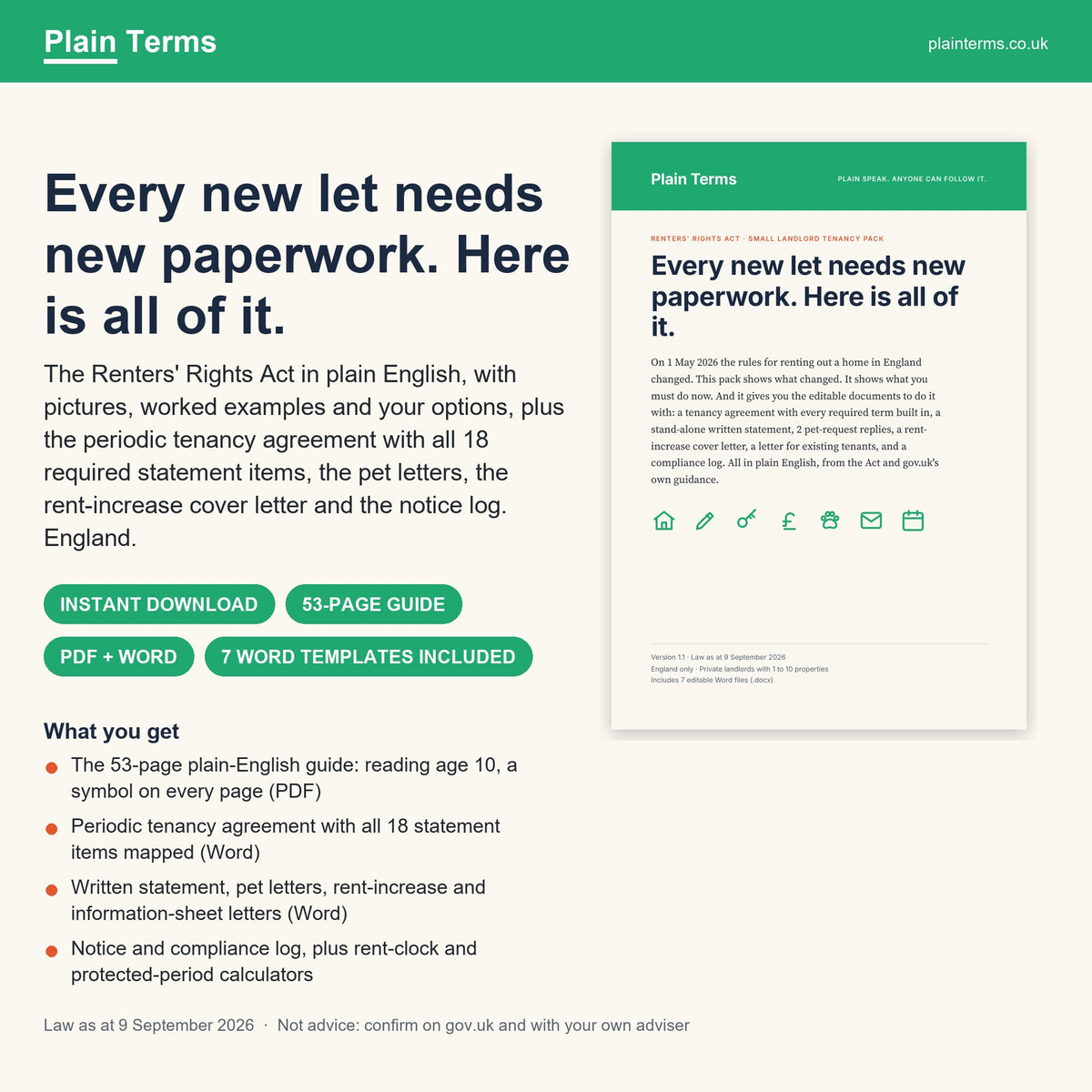 Renters' Rights Act Small Landlord Tenancy Pack: plain-English guide and seven Word templates from Plain Terms