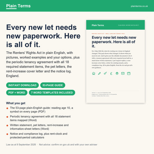 Renters' Rights Act Small Landlord Tenancy Pack: plain-English guide and seven Word templates from Plain Terms